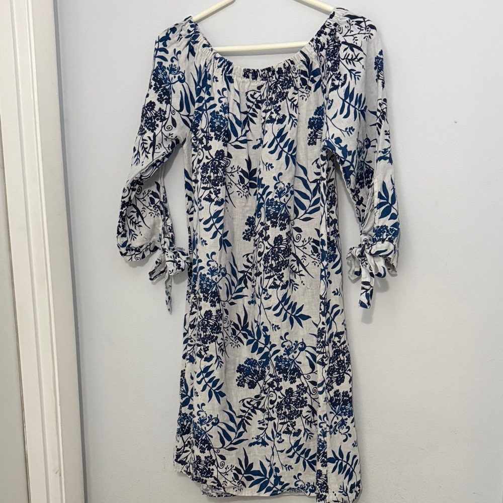 Off-Shoulder Linen Blue Floral Midi Dress with Tie Sleeves Summer Resortwear - Picture 5 of 8